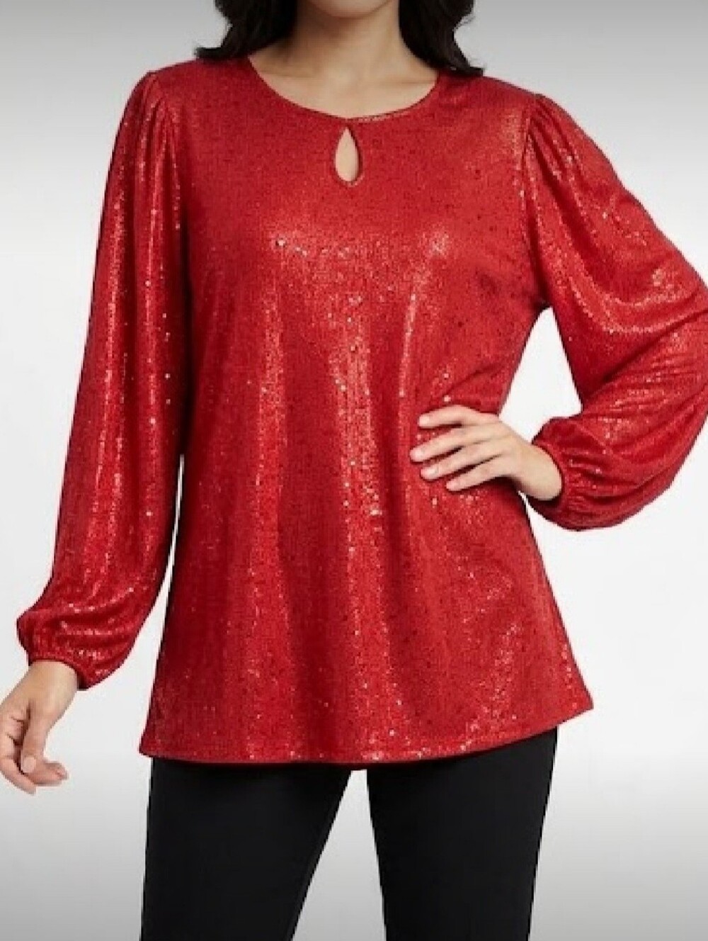 Fair Haven Women's Crewneck Keyhole Sequin Puff Long-Sleeve Top Sz 3XL Color Red